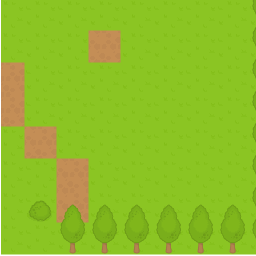 Animiertes Gif eines Abschnitts mit Gras, Erdflächen und Bäumen, die aus wiederholten Abschnitten einer Kachelkarte bestehen, das zeigt, wie Sie beim Scrollen verschiedene Abschnitte des Bereichs sehen.