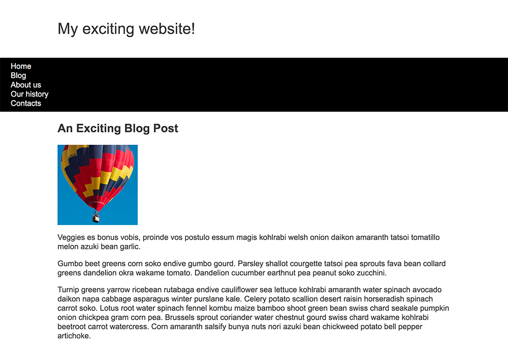Ausgangspunkt der Layout-Aufgabe. Die Elemente sind nicht ordentlich angeordnet. Es gibt einen Website-Titel über einer schwarzen Navigationsleiste mit 5 linksbündigen Links, gefolgt vom Blogpost-Titel und -Inhalt. Zwischen dem Blog-Titel und dem Blog-Inhalt befindet sich ein linksbündiges Foto.