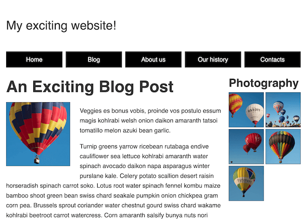 Fertiges RWD-Aufgaben-Website-Mittellayout. Ein Logo oben, gefolgt von einem horizontalen Navigationsmenü, gefolgt von zwei Spalten, Textinhalt links und eine Fotogalerie rechts.