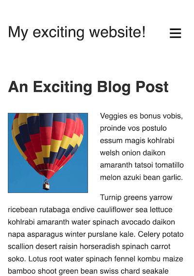 Ausgangspunkt der mobile-first Aufgabe. Ein einspaltiges Layout mit einem Logo oben und einem Hamburger-Menü-Symbol, gefolgt von einer Hauptüberschrift und anschließendem Textinhalt mit einem schwebenden Bild.