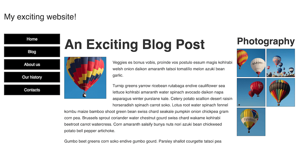 Fertiges RWD-Aufgaben-Website-Breitbild-Layout. Ein Logo oben, gefolgt von drei Spalten, vertikales Navigationsmenü links, Textinhalt in der Mitte und eine Fotogalerie rechts.