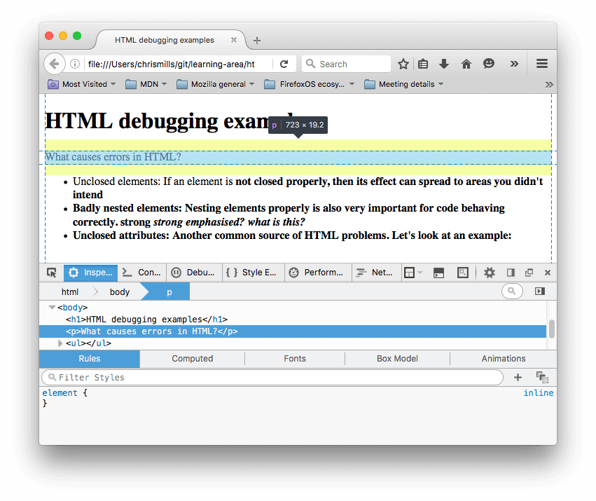 Der HTML-Inspektor in Firefox, mit ausgewähltem Absatz unseres Beispiels, zeigt den Text "What causes errors in HTML?" Hier können Sie sehen, dass das Absatz-Element vom Browser geschlossen wurde.