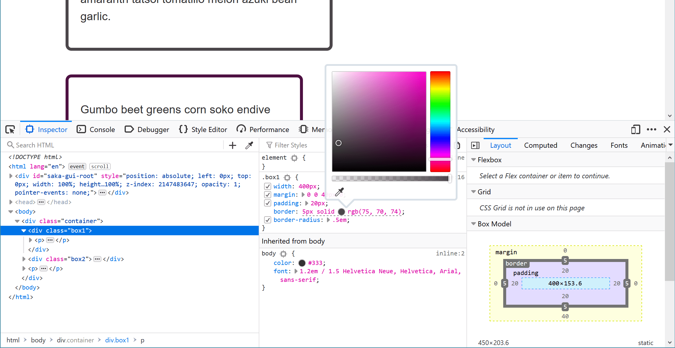 DevTools-Styles-Panel mit einem geöffneten Farbwähler.