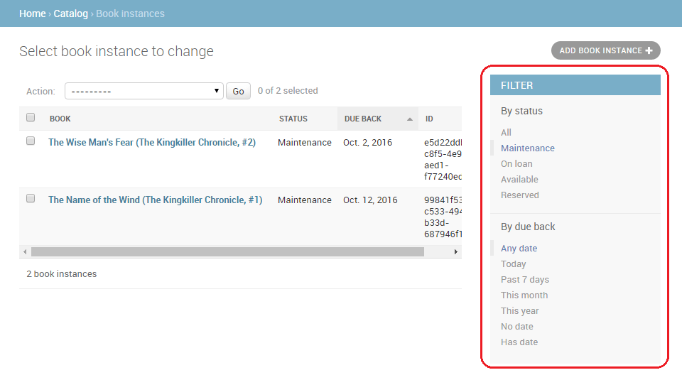 Admin-Seite - BookInstance-Listenfilter