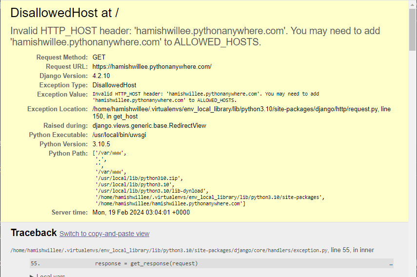 Eine detaillierte Fehlerseite mit Vollständiger Rückverfolgung eines ungültigen HTTP_HOST Headers