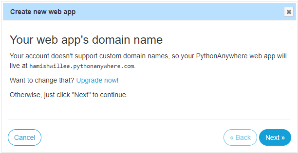 PythonAnywhere-Eingabeaufforderung zur Festlegung des Domainnamens der neuen Web-App
