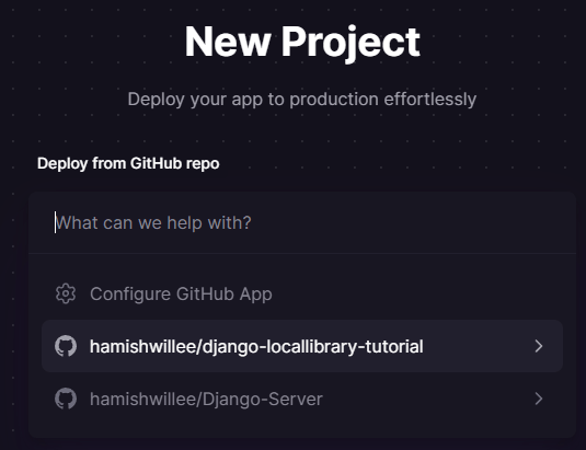 Railway-Website-Bildschirm, der einen Dialog zum Auswählen eines vorhandenen GitHub-Repositorys oder zum Auswählen eines neuen Repositorys zeigt