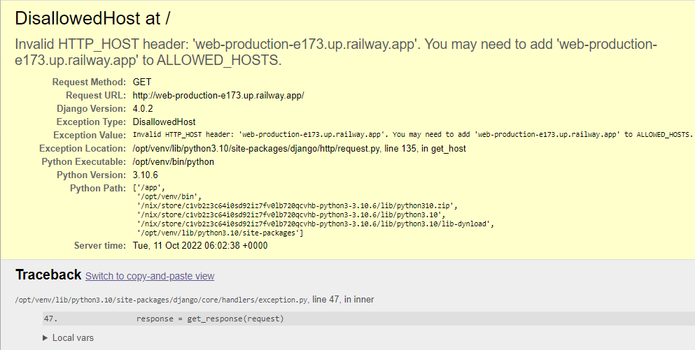 Eine detaillierte Fehlerseite mit einer vollständigen Rückverfolgung eines ungültigen HTTP_HOST-Headers
