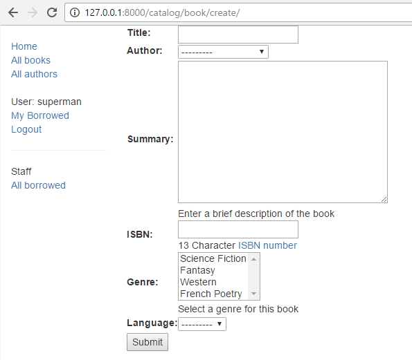 Screenshot zeigt verschiedene Felder im Formular wie Titel, Autor, Zusammenfassung, ISBN, Genre und Sprache