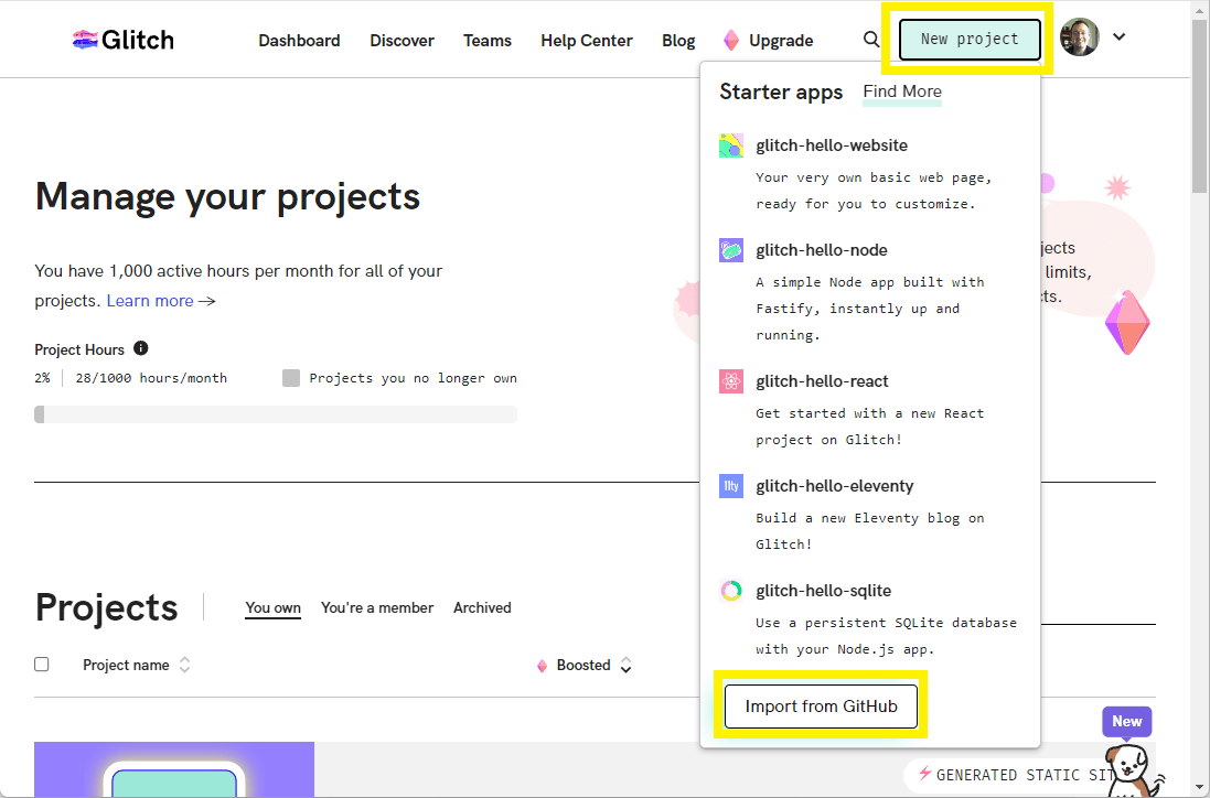 Glitch-Website-Dashboard zeigt eine neue Projekt-Schaltfläche und ein Popup-Menü mit der Option "Import from GitHub"