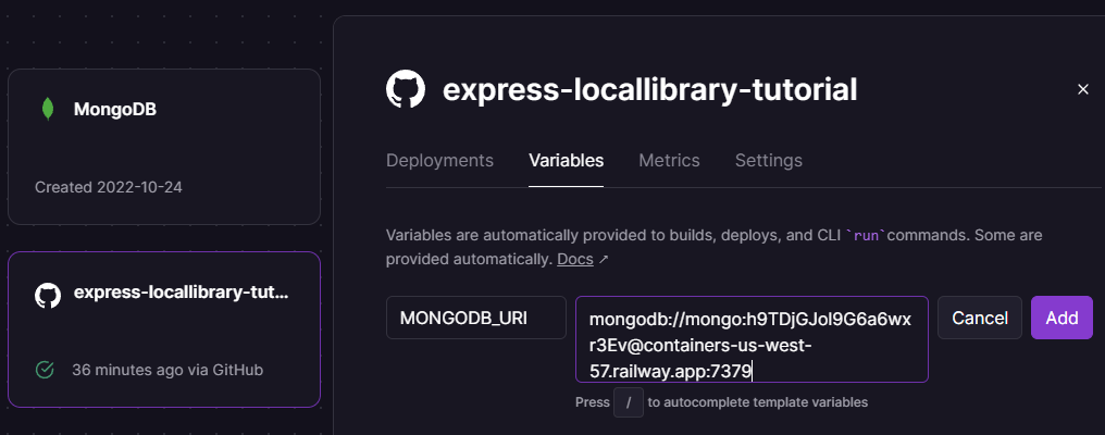 Railway-Website-Variablen-Bildschirm, während die MONGODB_URI-Variable und die Adresse hinzugefügt werden