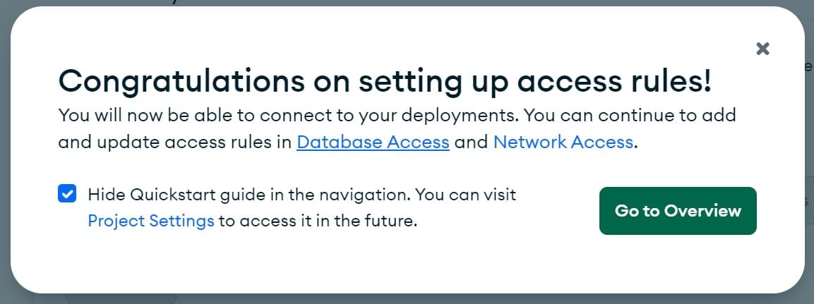 Datenbanken nach der Einrichtung von Zugriffsregeln auf MongoDB Atlas wechseln.
