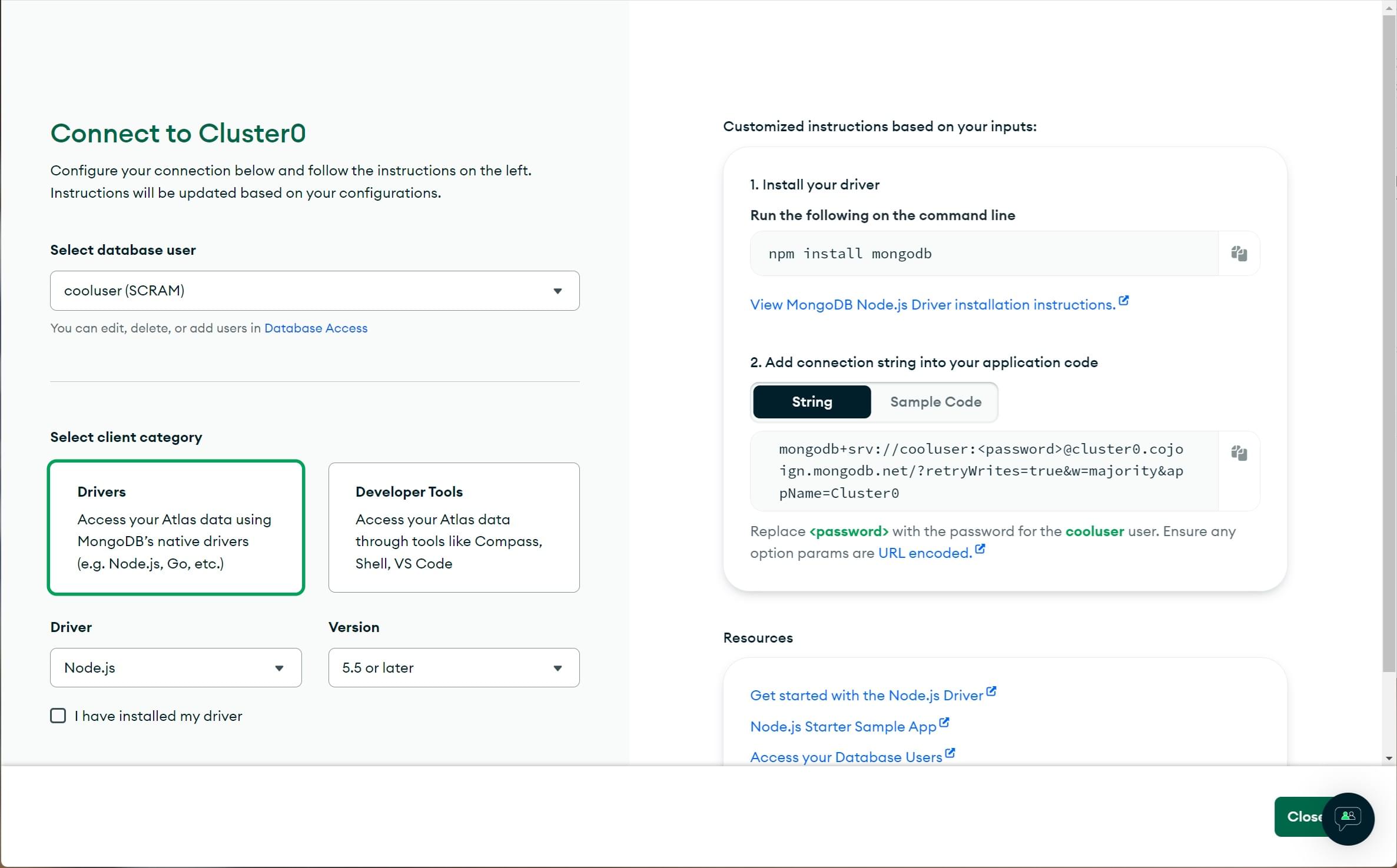Wählen Sie die kurze SRV-Verbindung bei Einrichtung einer Verbindung in MongoDB Atlas aus.