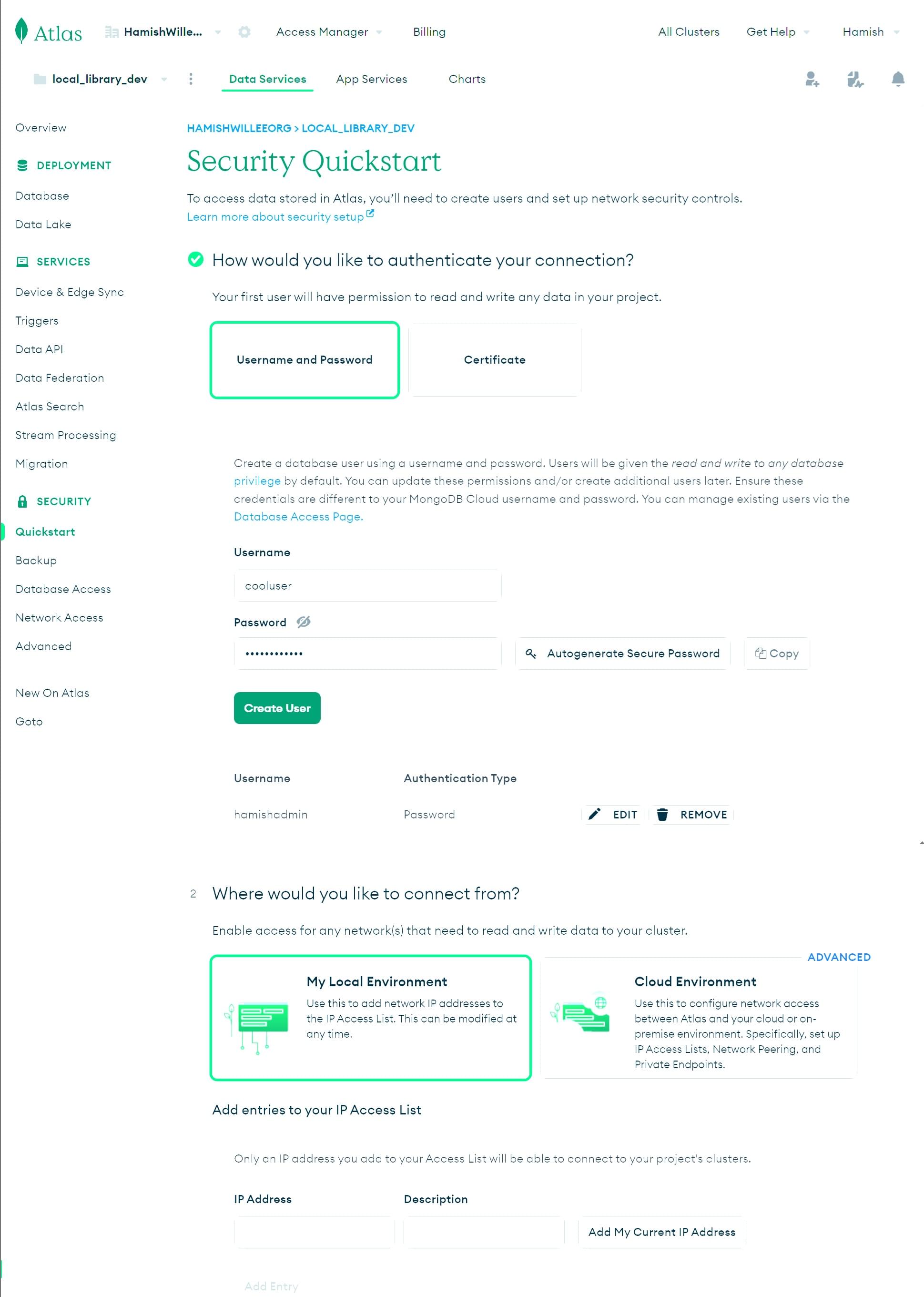 Einrichten der Zugriffsregeln im Bildschirm "Security Quickstart" auf MongoDB Atlas.