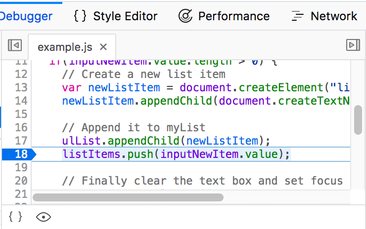 Ausschnitt des Entwickler-Tools-Debugger-Panels mit dem hervorgehobenen Haltepunkt in Zeile 18.