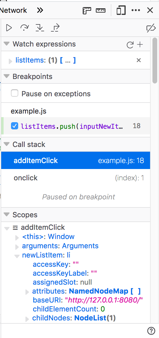 Ausschnitt des Quellenbereichs des Debugger-Reiters der Entwicklertools des Browsers. Im Aufrufstapel wird die in Zeile 18 aufgerufene Funktion angezeigt, was zeigt, dass dort ein Haltepunkt gesetzt ist und der Bereich angezeigt wird.