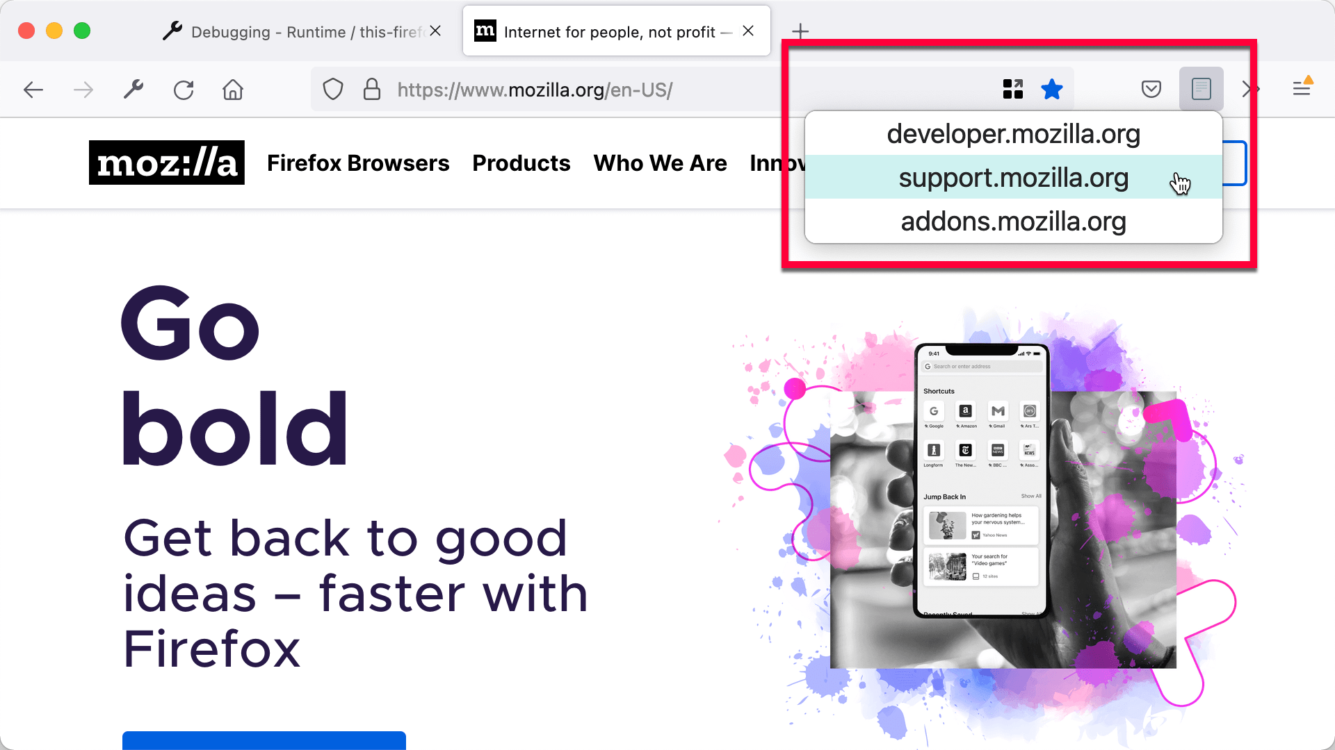 Der von der Erweiterung hinzugefügte Toolbar-Button mit Popup