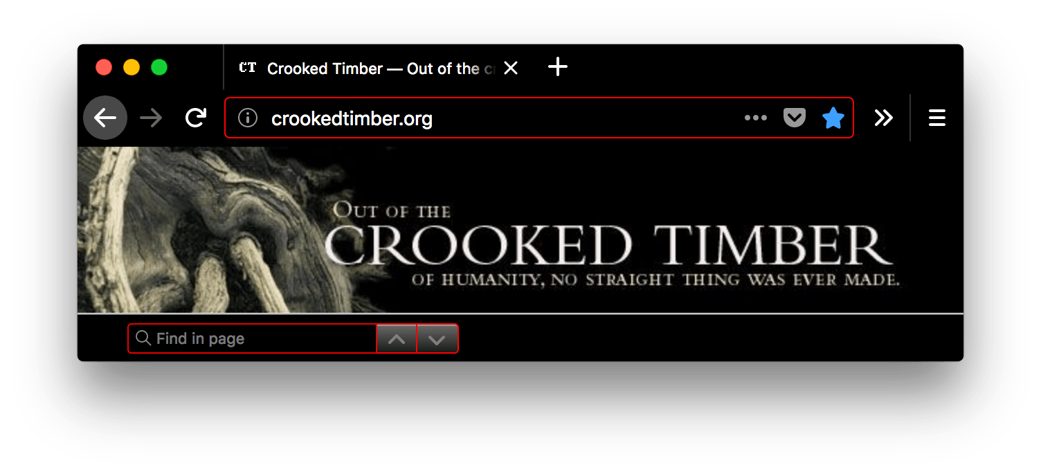 Browser Firefox ist schwarz. Der Tab, die Seite-find-in-Thema-Leiste und die URL-Leiste des Browsers sind schwarz mit weißem Text und Symbolen. Die URL-Leiste und das Seite-find-in-Feld sind in rot umrandet.