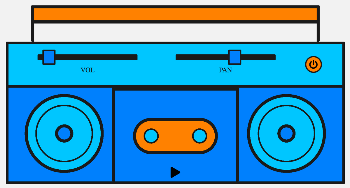 Ein Boombox mit Wiedergabe-, Pan- und Lautstärkereglern
