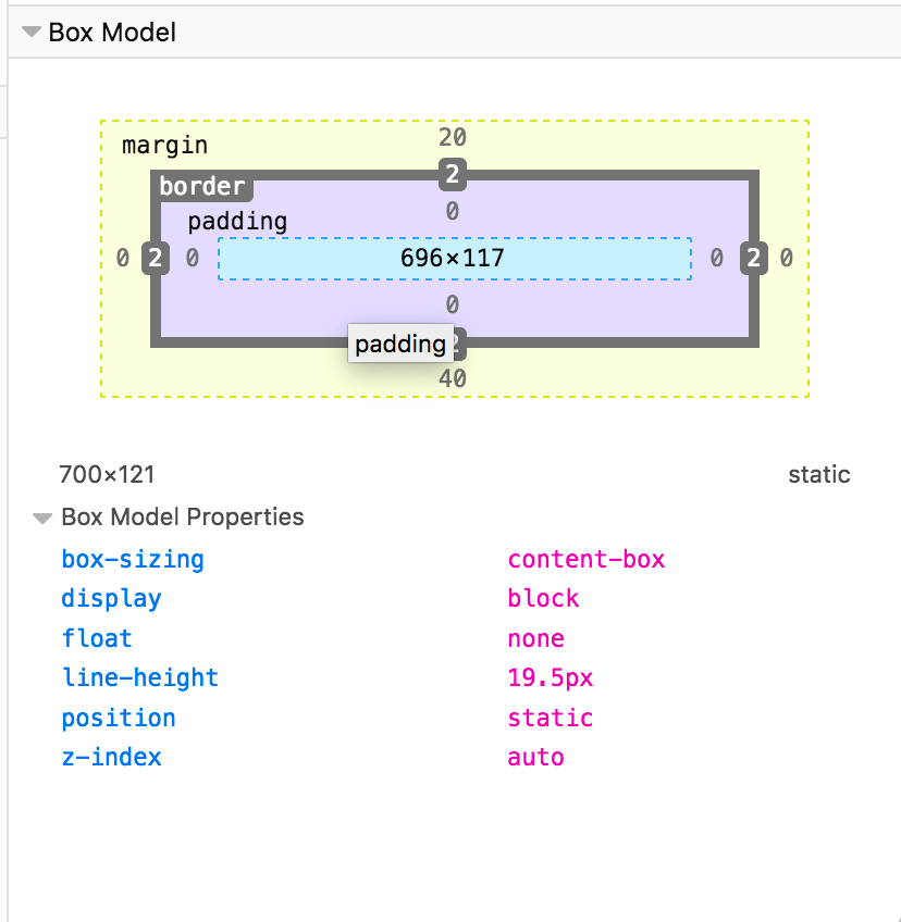 Screenshot des Box-Modell-Panels in den Browser-Entwicklungstools, das die vier Werte für Rand, Rahmen und Auffüllung zusammen mit Höhe und Breite in einer Grafik oben zeigt und Box-Sizing, Anzeige, Float, Zeilenhöhe, Position und Z-Index unter der Grafik auflistet.