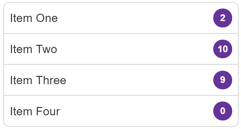 Eine Liste von Elementen mit einem Abzeichen, das eine Anzahl anzeigt, rechts neben dem Text.