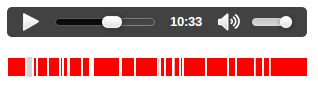 Ein Audioplayer mit Play-Taste, Suchleiste und Lautstärkeregelung, mit einer Reihe roter Rechtecke darunter, die Zeitbereiche darstellen.