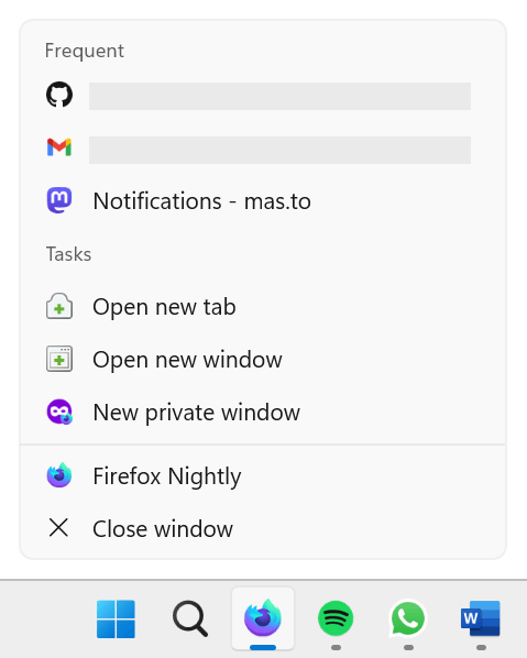 Die Taskleiste in Windows mit mehreren angehefteten Apps. Auf das Firefox-App-Symbol wurde mit der rechten Maustaste geklickt und die Sprungliste wird angezeigt, die häufige Tabs und allgemeine Aufgaben zeigt
