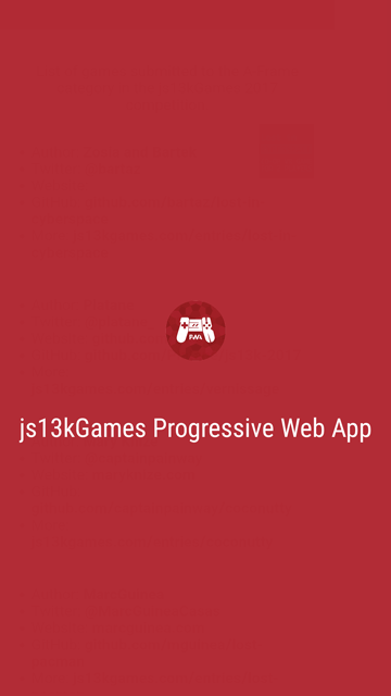 Screenshot des Startbildschirms der App auf einem Mobiltelefon. Es ist eine komplett rote Seite mit dem Anwendungslogo in der Mitte und dem darunter stehenden Namen: "js13kGames Progressive Web App"