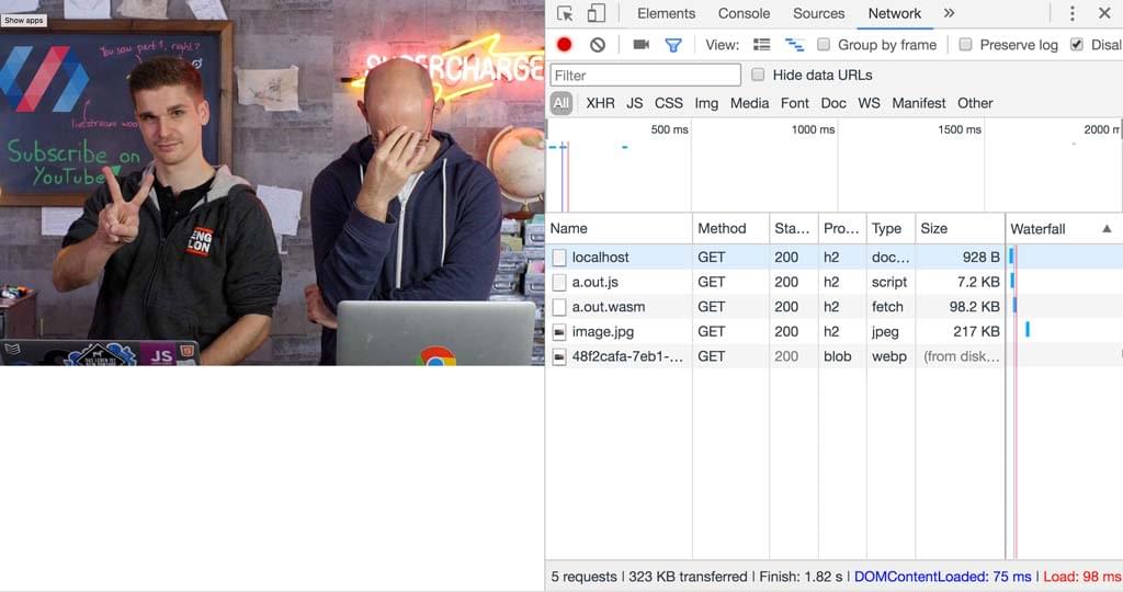 DevTools Netzwerkanzeige und das erzeugte Bild.