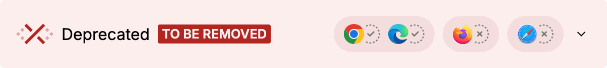 Rotes Widget mit Kreuz: Veraltet, soll entfernt werden. Vier Browser-Logos, zwei mit Häkchen, zwei mit Kreuzen.