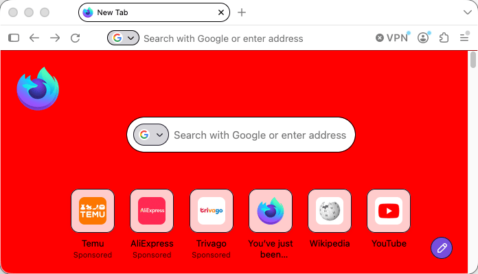 Firefox zeigt eine Neuer-Tab-Seite. Der Hintergrund der Seite ist rot.