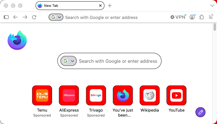Firefox zeigt eine Neuer-Tab-Seite. Der Hintergrund der Suchleiste und der Verknüpfungsschaltflächen ist rot.