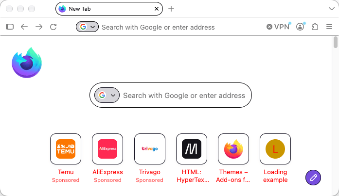Firefox zeigt eine Neuer-Tab-Seite. Der Text auf der Seite ist rot.