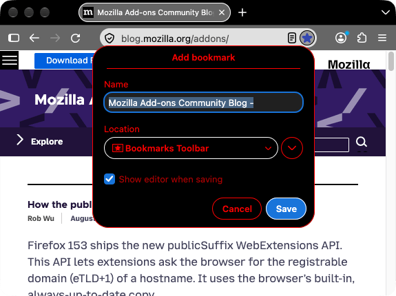 Firefox mit schwarzem Rahmen und weißem Tab-Text. Das Panel zum Hinzufügen eines Lesezeichens ist geöffnet. Es hat einen schwarzen Hintergrund; Beschriftungen, Felder und Schaltflächen sind rot.