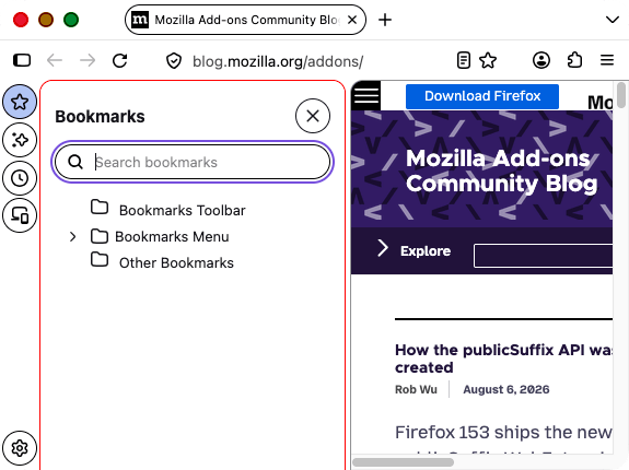 Nahaufnahme der Firefox-Lesezeichenseitenleiste mit einer roten horizontalen Trennlinie zwischen dem Titel und dem Menü der Seitenleiste. Der Rahmen und die Trennlinie der Seitenleiste sind rot.
