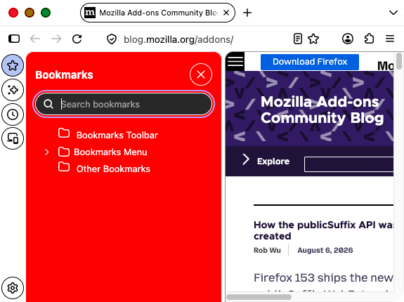 Nahaufnahme der geöffneten Seitenleiste eines Browserfensters. Der Hintergrund der Seitenleiste ist rot.