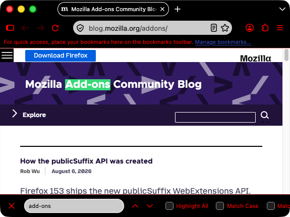 Firefox ist schwarz. Der Tab ist schwarz mit weißem Text. Die URL-Leiste und die Leiste „Auf dieser Seite suchen“ sind weiß mit schwarzem Text, aber alle Browser- und Suchleistensymbole sind rot.