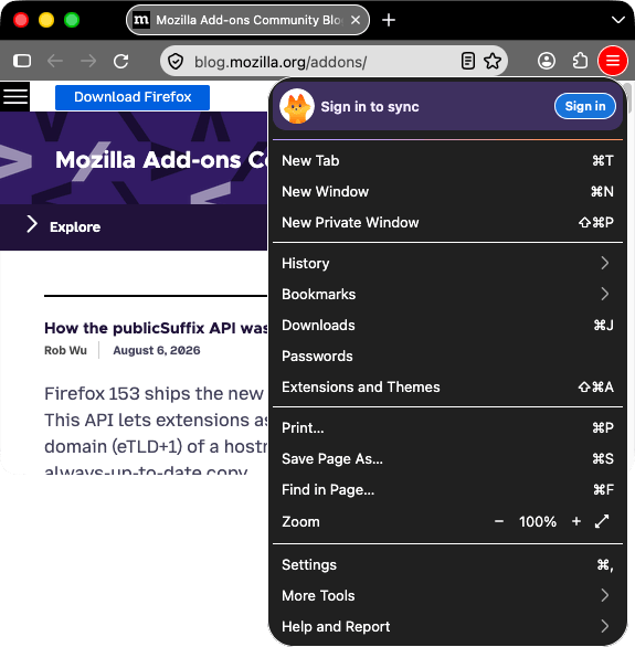 Firefox ist schwarz. Tabs und URL-Leiste sind grau mit weißem Text. Das Symbol zum Anpassen der Symbolleiste in der URL-Leiste ist weiß auf rotem Hintergrund und gedrückt. Ein geöffnetes Popup zeigt eine kurze Liste von Elementen, die der Symbolleiste hinzugefügt werden können, etwa die Browserbibliothek und die Seitenleisten.