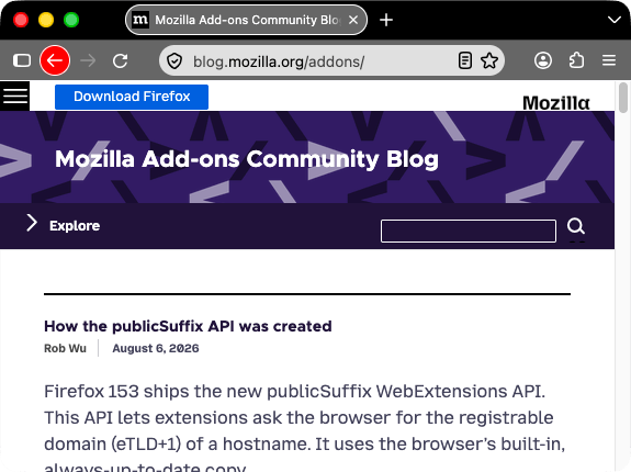 Firefox ist schwarz. Tabs und URL-Leiste sind grau mit weißem Text. Das Symbol zum Zurückblättern ist weiß und hat einen roten kreisförmigen Hintergrund.