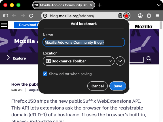 Firefox ist schwarz. Tabs und URL-Leiste sind grau mit weißem Text. Das Symbol zum Speichern der Seite als Lesezeichen ist rot und gedrückt; das Popup „Lesezeichen bearbeiten“ ist geöffnet. Im Aufmerksamkeitszustand heben sich die Symbolleistensymbole gut vom schwarzen Hintergrund des Kopfbereichs ab.