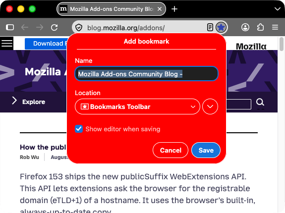 Firefox ist schwarz. Tabs und URL-Leiste sind heller grau mit weißen Symbolen und weißem Text. Das Symbol zum Speichern der Seite als Lesezeichen ist blau und gedrückt. Das geöffnete Popup „Lesezeichen bearbeiten“ hat einen roten Hintergrund.