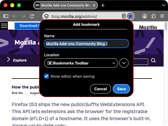 Firefox ist schwarz. Tabs und URL-Leiste sind heller grau mit weißen Symbolen und weißem Text. Das Symbol zum Speichern der Seite als Lesezeichen ist blau und gedrückt. Das geöffnete Popup „Lesezeichen bearbeiten“ hat einen schwarzen Hintergrund und einen roten Rahmen.