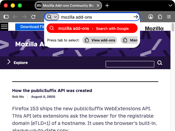 Screenshot eines schwarzen Firefox-Fensters. Tabs und URL-Leiste sind heller grau mit weißen Symbolen und weißem Text. Ein Popup mit Suchergebnissen ist geöffnet; der hervorgehobene Eintrag hat einen roten Hintergrund.
