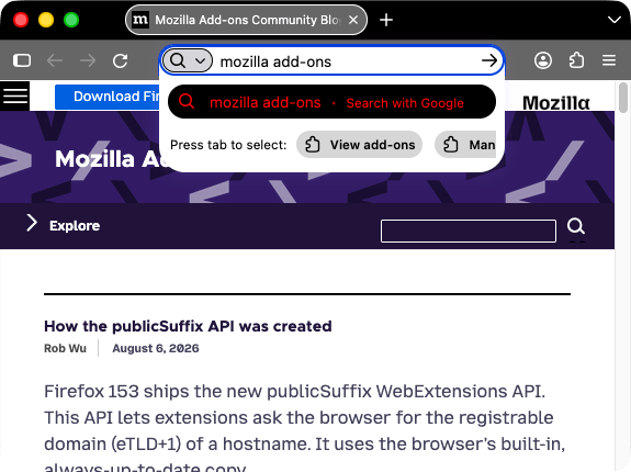 Firefox ist schwarz. Tabs und URL-Leiste sind heller grau mit weißen Symbolen und weißem Text. Ein Popup mit Suchergebnissen ist geöffnet. Der hervorgehobene Eintrag hat roten Text auf schwarzem Hintergrund, von dem er sich gut abhebt.