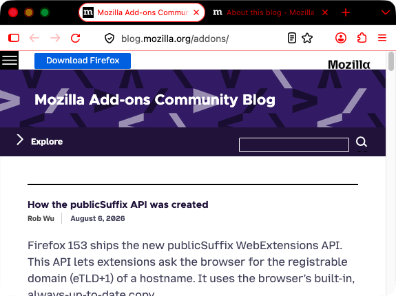 Screenshot eines Browserfensters mit einem geöffneten Tab. Der Browser ist schwarz. Tab und URL-Leiste sind weiß mit roten Symbolen und rotem Text. Der Text im geöffneten Tab ist rot und hebt sich gut vom schwarzen Tab-Hintergrund ab.