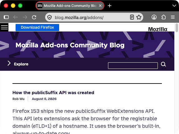 Firefox ist schwarz. Tabs und URL-Leiste sind dunkelgrau mit hellgrauen Symbolen und weißem Text. Der ausgewählte Tab hat eine rote Umrandung.