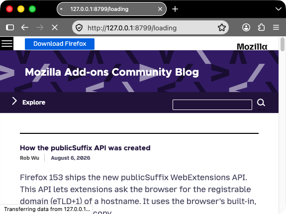 Firefox mit schwarzem Rahmen und weißem Tab-Text lädt eine Seite. Die Ladeanzeige im Tab ist standardmäßig grau statt des vom Theme festgelegten Rots.