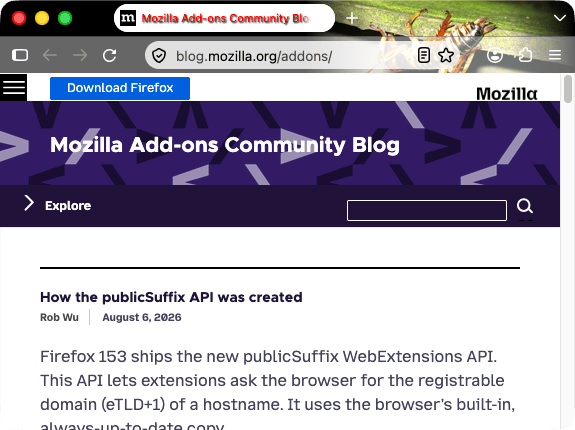 Firefox verwendet ein Theme mit einem Insektenbild. Die URL-Leiste ist hellgrau mit weißen Symbolen. Der Text des ausgewählten Tabs ist rot auf weißem Hintergrund.
