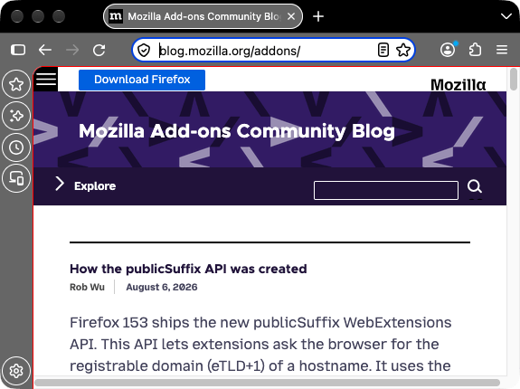 Firefox ist schwarz mit weißem Tab-Text; die Seitenleiste zeigt ihre Symbole. Eine rote Linie verläuft entlang des oberen und linken Randes des Webseitenbereichs und trennt ihn von der Symbolleiste darüber und der Seitenleiste links daneben.