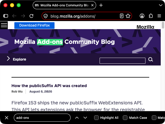 Firefox ist schwarz. Tab, Suchleiste und URL-Leiste sind schwarz mit weißem Text und weißen Symbolen. Die URL-Leiste und das Suchfeld haben eine rote Umrandung.